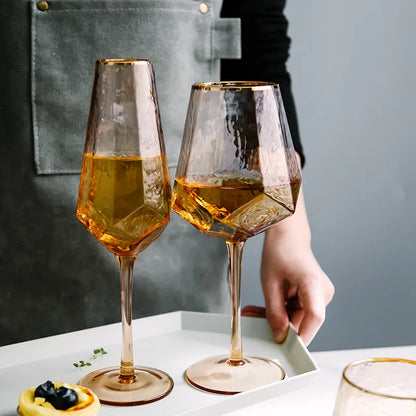 Gold-Rimmed Hammered Wine Glass - Amber