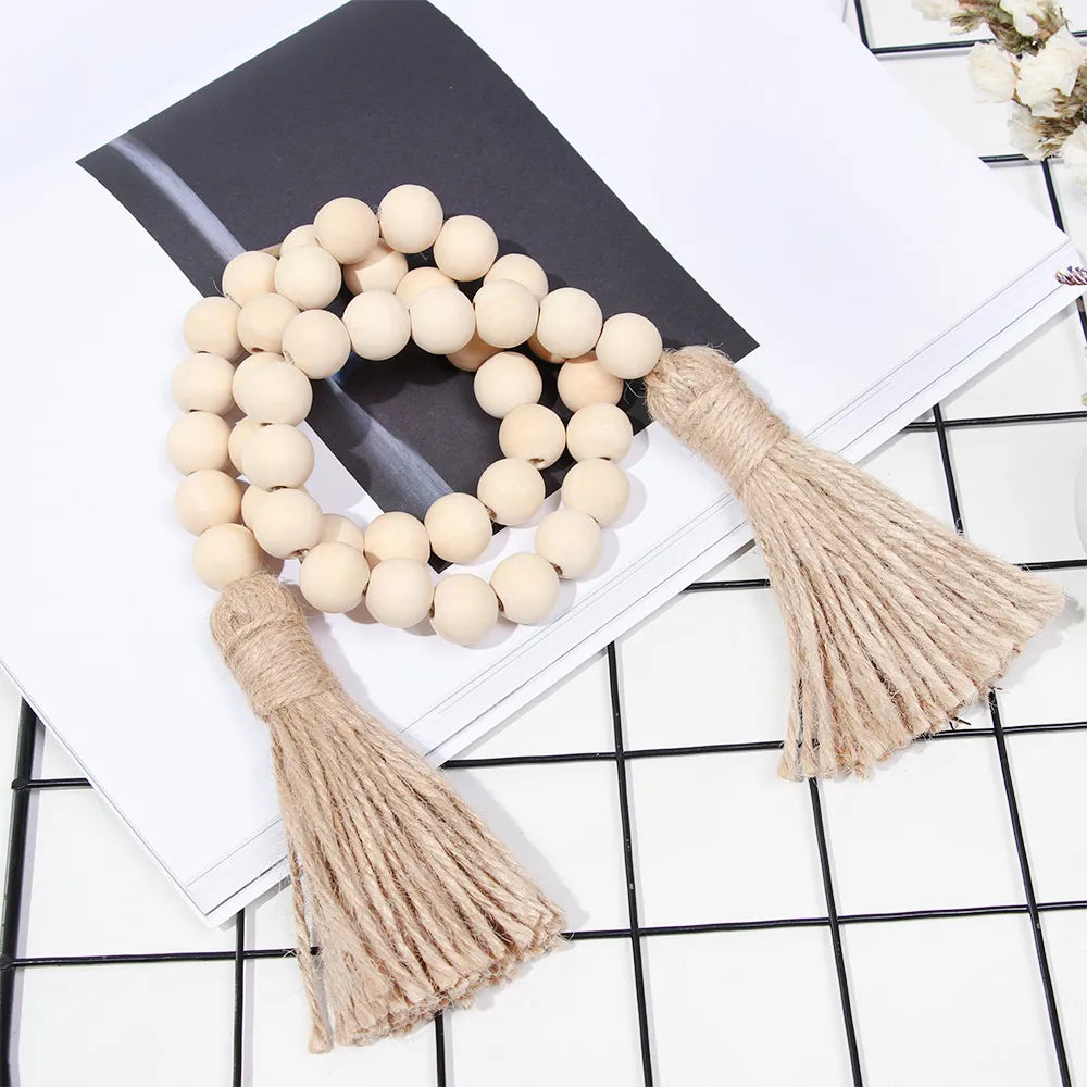 Handmade Wooden Bead Garland with Tassels- Natural