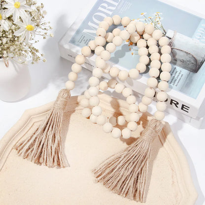 Handmade Wooden Bead Garland with Tassels- Natural