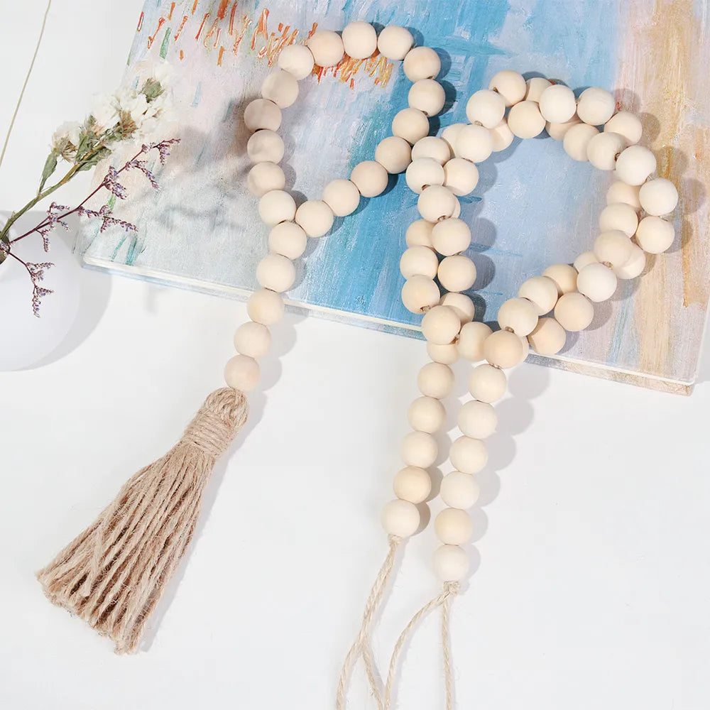 Handmade Wooden Bead Garland with Tassels- Natural